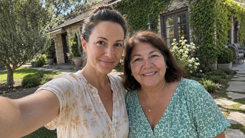 Claire and Rosa together outside a property, present day