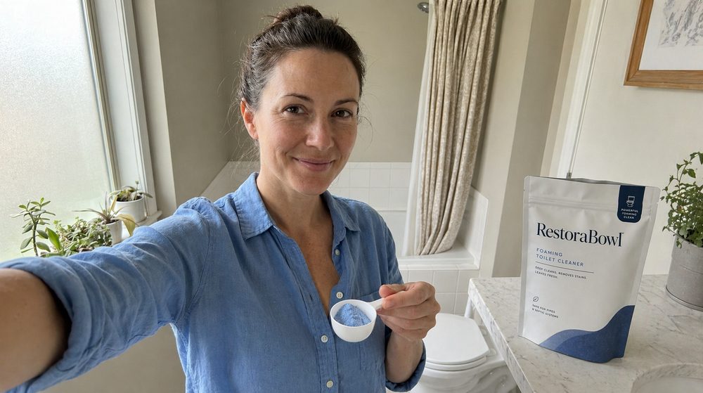 Claire holding a measuring scoop of blue powder beside a RestoraBowl pouch in a bathroom