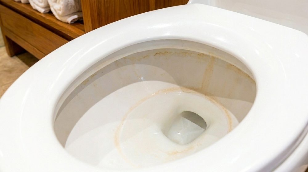 A rust-stained ring inside a guest bathroom toilet bowl
